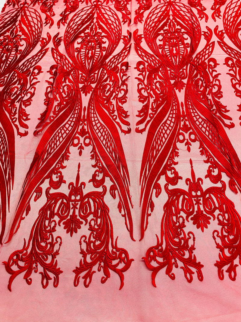 Red  Lace Fabric, Corded Lace Embroidery on a Mesh Lace Fabric By The Yard For Gown, Wedding-Bridal-Dress (Choose The Size)