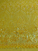 Yellow Iridescent Geometric Design, 4 Way Stretch Sequin Fabric Spandex Mesh-Prom-Gown By The Yard