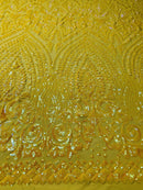 Yellow Iridescent Geometric Design, 4 Way Stretch Sequin Fabric Spandex Mesh-Prom-Gown By The Yard