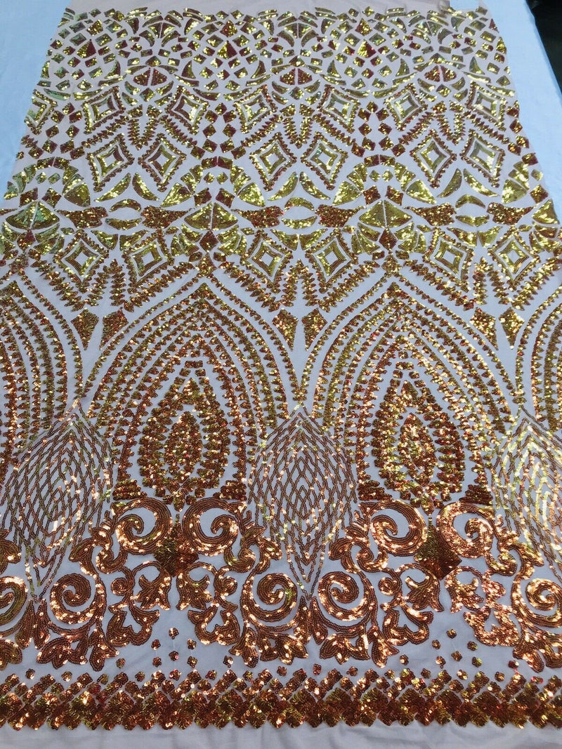 Orange Iridescent/Nude Mesh Geometric Design, 4 Way Stretch Sequin Fabric Spandex Mesh-Prom-Gown By The Yard