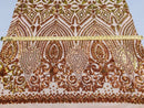 Orange Iridescent/Nude Mesh Geometric Design, 4 Way Stretch Sequin Fabric Spandex Mesh-Prom-Gown By The Yard