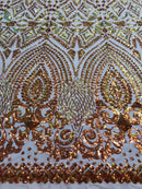 Orange Iridescent/Nude Mesh Geometric Design, 4 Way Stretch Sequin Fabric Spandex Mesh-Prom-Gown By The Yard