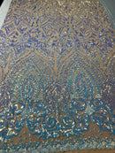 Aqua Iridescent/Blus Mesh Geometric Design, 4 Way Stretch Sequin Fabric Spandex Mesh-Prom-Gown By The Yard