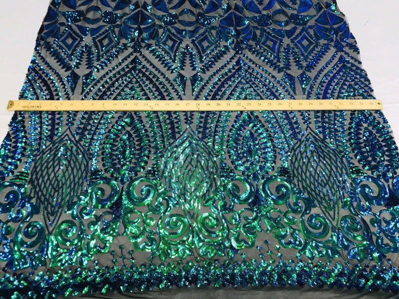Green Iridescent/Black Mesh Geometric Design, 4 Way Stretch Sequin Fabric Spandex Mesh-Prom-Gown By The Yard