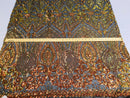 Orange Iridescent/Black Mesh Geometric Design, 4 Way Stretch Sequin Fabric Spandex Mesh-Prom-Gown By The Yard
