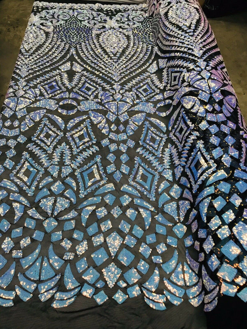 Aqua Iridescent/Black Mesh Geometric Design, 4 Way Stretch Sequin Fabric Spandex Mesh-Prom-Gown By The Yard