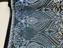 Aqua Iridescent/Black Mesh Geometric Design, 4 Way Stretch Sequin Fabric Spandex Mesh-Prom-Gown By The Yard