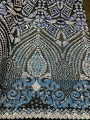 Aqua Iridescent/Black Mesh Geometric Design, 4 Way Stretch Sequin Fabric Spandex Mesh-Prom-Gown By The Yard