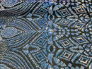 Aqua Iridescent/Black Mesh Geometric Design, 4 Way Stretch Sequin Fabric Spandex Mesh-Prom-Gown By The Yard