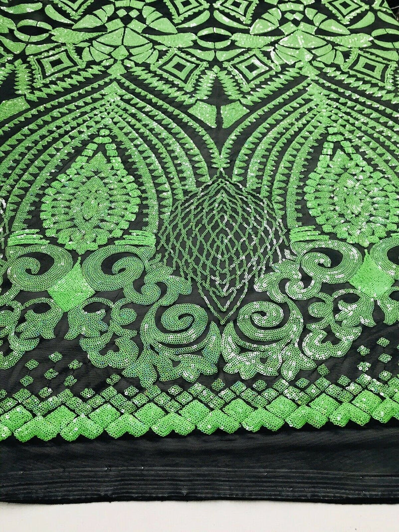 Neon Green Iridescent/Black Mesh Geometric Design, 4 Way Stretch Sequin Fabric Spandex Mesh-Prom-Gown By The Yard