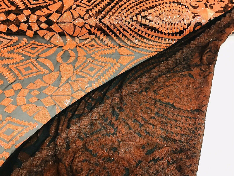 Neon Orange Iridescent/Black Mesh Geometric Design, 4 Way Stretch Sequin Fabric Spandex Mesh-Prom-Gown By The Yard