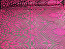 Neon Pink Iridescent/Black Mesh Geometric Design, 4 Way Stretch Sequin Fabric Spandex Mesh-Prom-Gown By The Yard