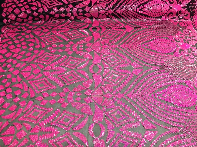 Neon Pink Iridescent/Black Mesh Geometric Design, 4 Way Stretch Sequin Fabric Spandex Mesh-Prom-Gown By The Yard