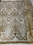 Gold Sequin Geometric Design, 4 Way Stretch Sequin Fabric Spandex Mesh-Prom-Gown By The Yard