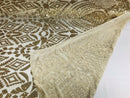 Gold Sequin Geometric Design, 4 Way Stretch Sequin Fabric Spandex Mesh-Prom-Gown By The Yard