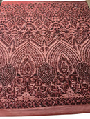 Burgundy Sequin Geometric Design, 4 Way Stretch Sequin Fabric Spandex Mesh-Prom-Gown By The Yard