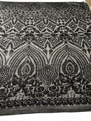 Black Sequin Geometric Design, 4 Way Stretch Sequin Fabric On Spandex Mesh-Prom-Gown By The Yard