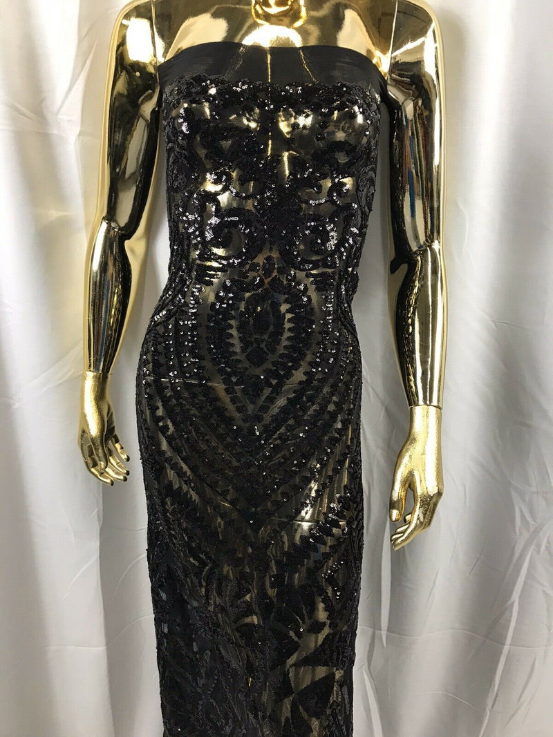 Black Sequin Geometric Design, 4 Way Stretch Sequin Fabric On Spandex Mesh-Prom-Gown By The Yard