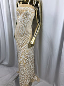 White Sequin/Nude Mesh Geometric Design, 4 Way Stretch Sequin Fabric On Spandex Mesh-Prom-Gown By The Yard