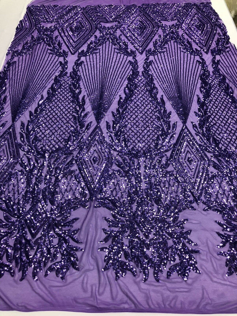 LILAC Geometric Design On Spandex Mesh-Prom-Gown, 4 Way Stretch Sequin Fabric By The Yard