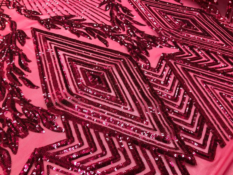 FUCHSIA Geometric Design On Spandex Mesh-Prom-Gown, 4 Way Stretch Sequin Fabric By The Yard