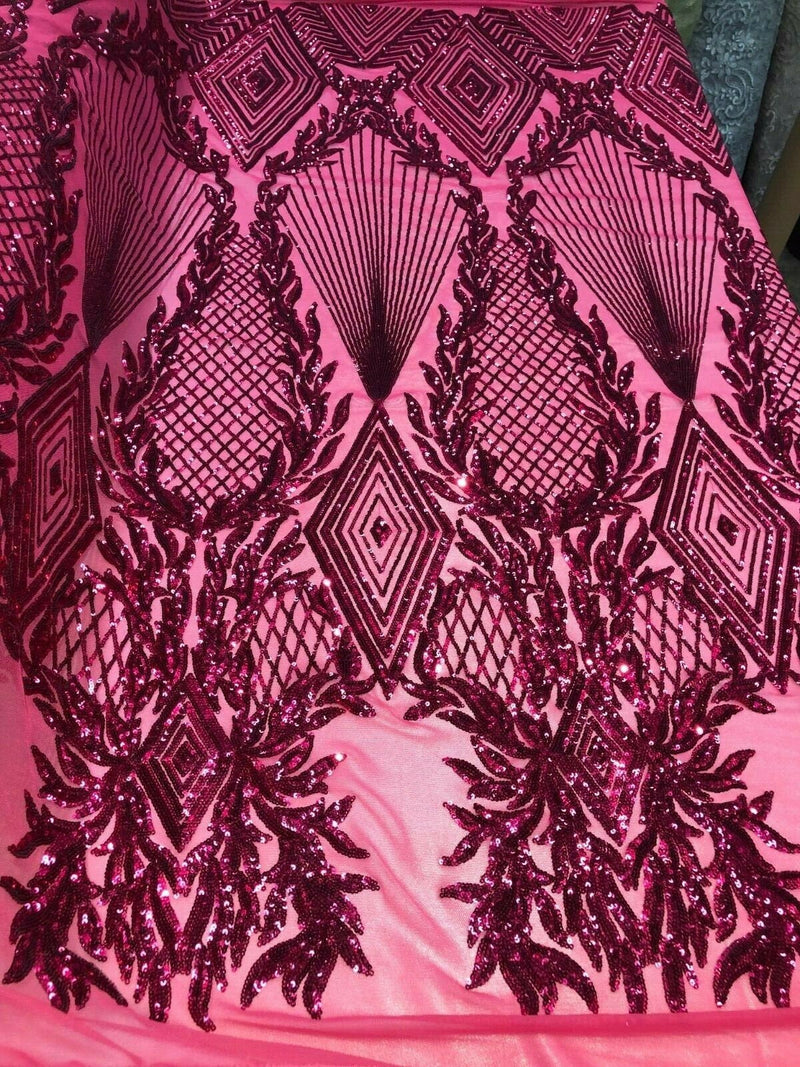 FUCHSIA Geometric Design On Spandex Mesh-Prom-Gown, 4 Way Stretch Sequin Fabric By The Yard