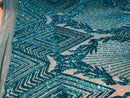 TURQUOISE Geometric Design On Spandex Mesh-Prom-Gown, 4 Way Stretch Sequin Fabric By The Yard