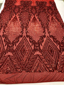 RED Geometric Design On Spandex Mesh-Prom-Gown, 4 Way Stretch Sequin Fabric By The Yard