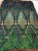 IRIDESCENT GREEN Geometric Design On Spandex Mesh-Prom-Gown, 4 Way Stretch Sequin Fabric By The Yard