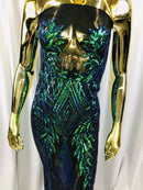 IRIDESCENT GREEN Geometric Design On Spandex Mesh-Prom-Gown, 4 Way Stretch Sequin Fabric By The Yard