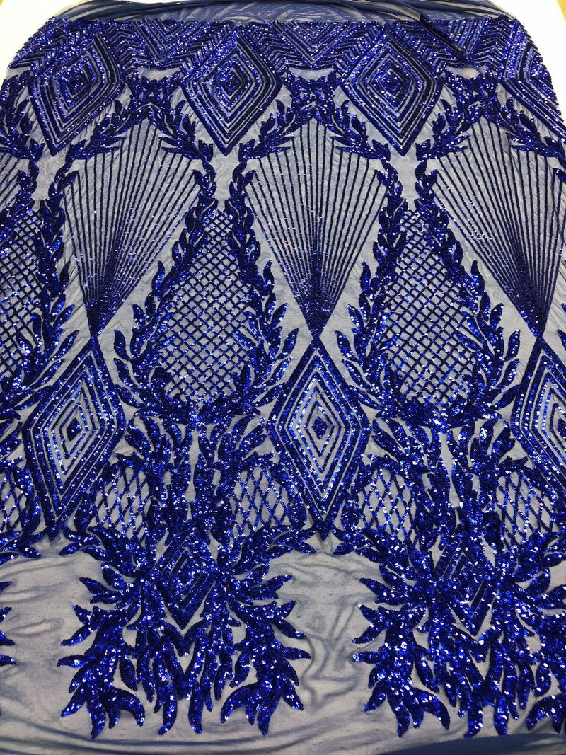ROYAL BLUE Geometric Design On Spandex Mesh-Prom-Gown, 4 Way Stretch Sequin Fabric By The Yard