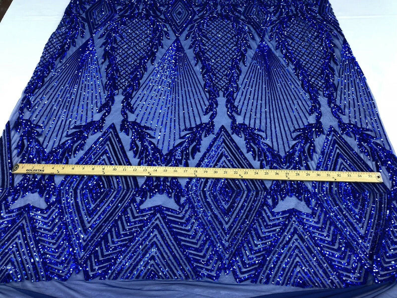ROYAL BLUE Geometric Design On Spandex Mesh-Prom-Gown, 4 Way Stretch Sequin Fabric By The Yard
