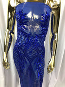 ROYAL BLUE Geometric Design On Spandex Mesh-Prom-Gown, 4 Way Stretch Sequin Fabric By The Yard