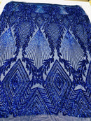 ROYAL BLUE Geometric Design On Spandex Mesh-Prom-Gown, 4 Way Stretch Sequin Fabric By The Yard