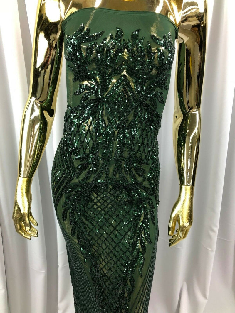 HUNTER GREEN Geometric Design On Spandex Mesh-Prom-Gown, 4 Way Stretch Sequin Fabric By The Yard