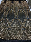 GOLD Geometric Design On Spandex Mesh-Prom-Gown, 4 Way Stretch Sequin Fabric By The Yard