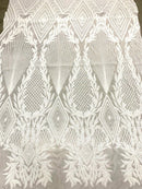 WHITE Geometric Design On Spandex Mesh-Prom-Gown, 4 Way Stretch Sequin Fabric By The Yard