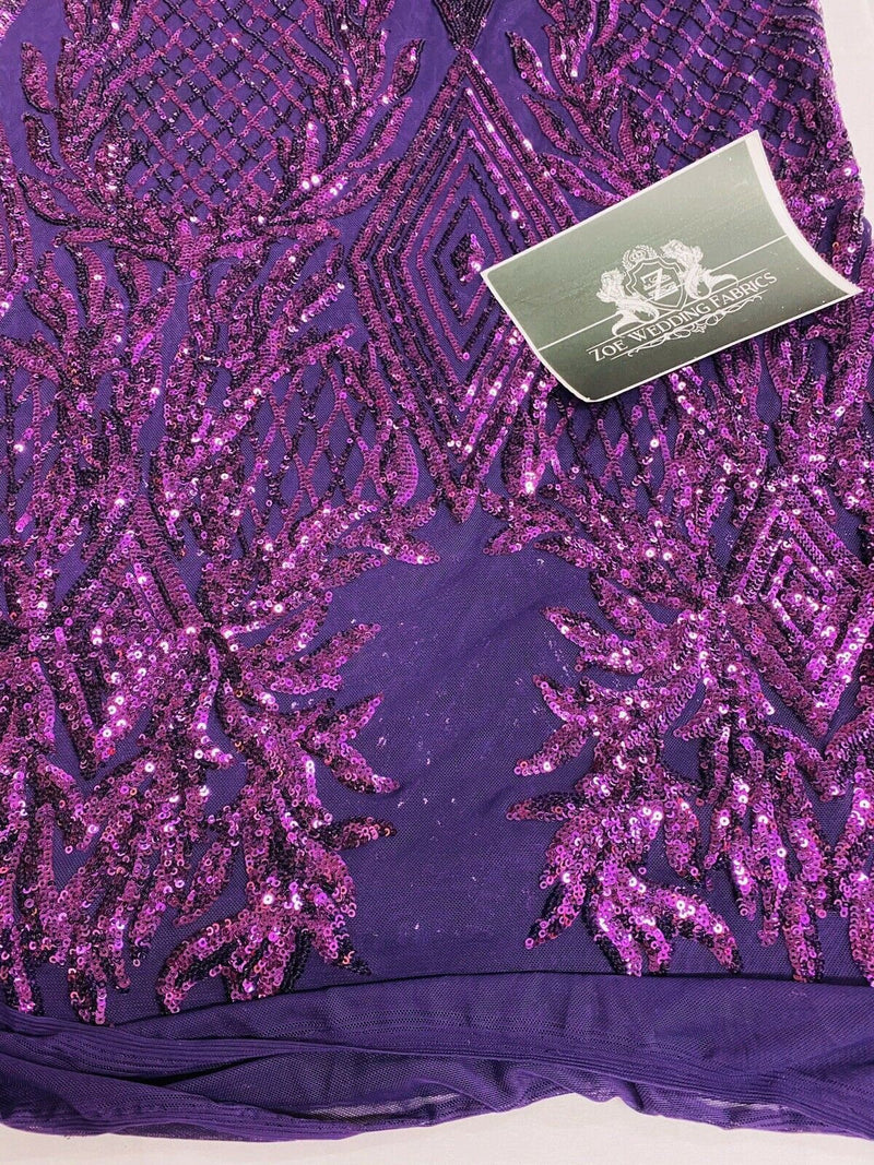 PLUM Geometric Design On Spandex Mesh-Prom-Gown, 4 Way Stretch Sequin Fabric By The Yard