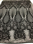 BLACK Geometric Design On Spandex Mesh-Prom-Gown, 4 Way Stretch Sequin Fabric By The Yard