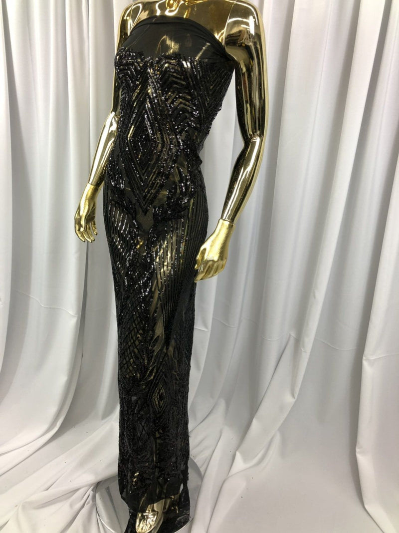 BLACK Geometric Design On Spandex Mesh-Prom-Gown, 4 Way Stretch Sequin Fabric By The Yard