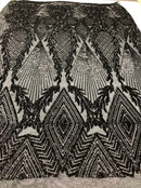 BLACK Geometric Design On Spandex Mesh-Prom-Gown, 4 Way Stretch Sequin Fabric By The Yard