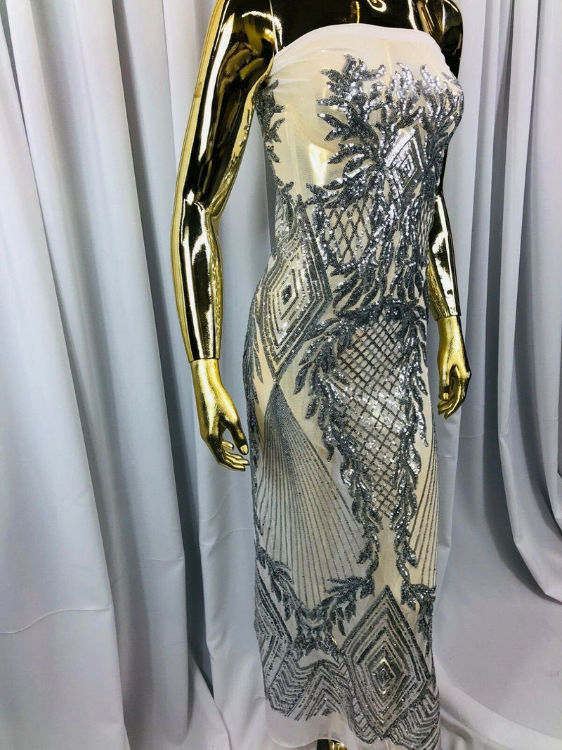 SILVER Geometric Design On Spandex Mesh-Prom-Gown, 4 Way Stretch Sequin Fabric By The Yard