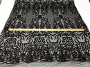 Black Sequin Embroidered a Mesh Spandex-Prom-Gown, 4 Way Stretch Sequin Fabric By The Yard