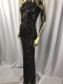 Black Sequin Embroidered a Mesh Spandex-Prom-Gown, 4 Way Stretch Sequin Fabric By The Yard