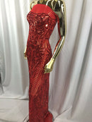 4 Way Stretch Fabric Design - Red - Fancy Net Sequins Design Fabric By Yard