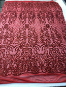 4 Way Stretch Fabric Design - Red - Fancy Net Sequins Design Fabric By Yard