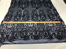 4 Way Stretch Fabric Design - Navy Blue - Fancy Net Sequins Design Fabric By Yard