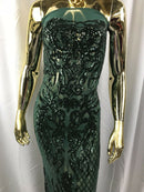 4 Way Stretch Fabric Design - Hunter Green - Fancy Net Sequins Design Fabric By Yard