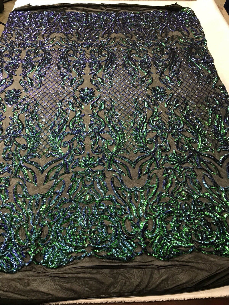 4 Way Stretch Fabric Design - Iridescent Green - Fancy Net Sequins Design Fabric By Yard