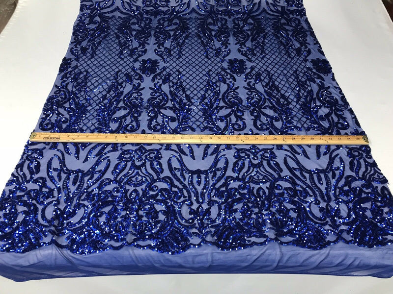 4 Way Stretch Fabric Design - Royal Blue - Fancy Net Sequins Design Fabric By Yard